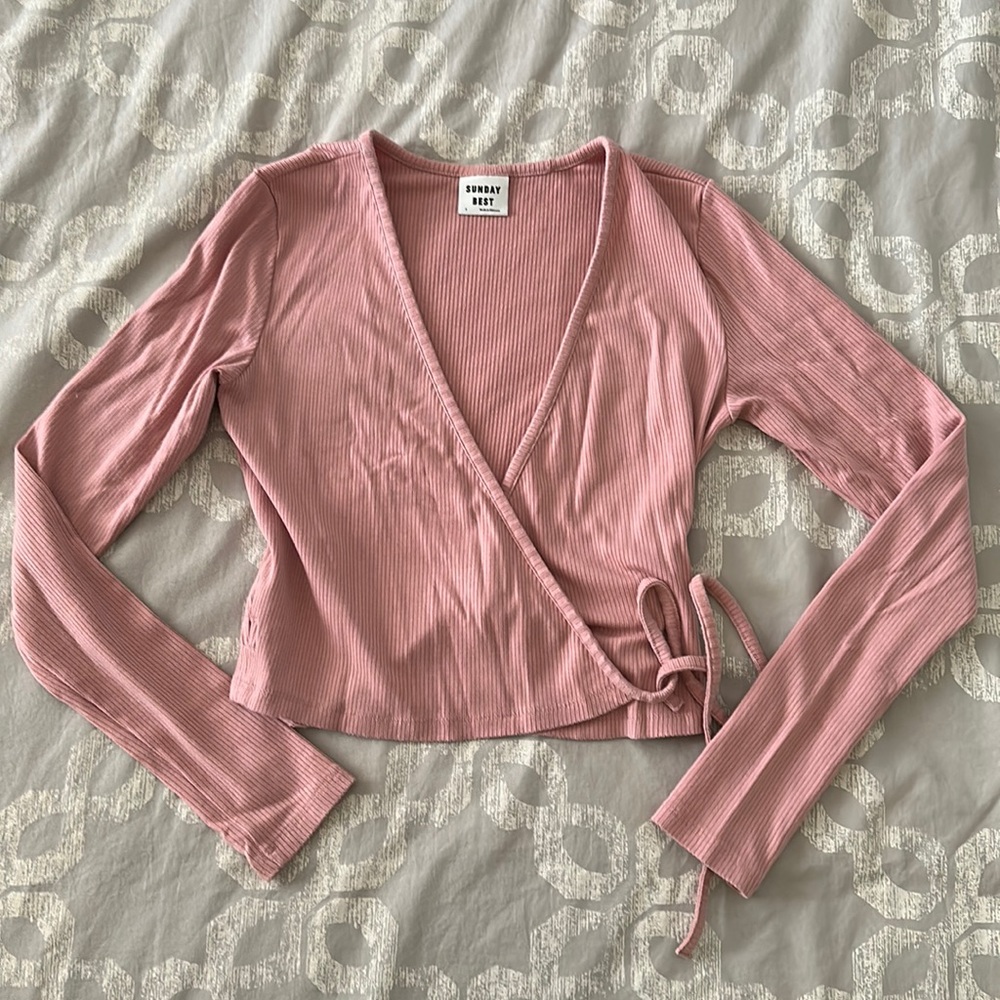 Sunday Best - Aritzia Brand - pink wrap ribbed cropped sweater